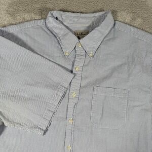 LL Bean Shirt Mens 2XLT Blue White Seersucker Pinstripe Short Sleeve Button Down